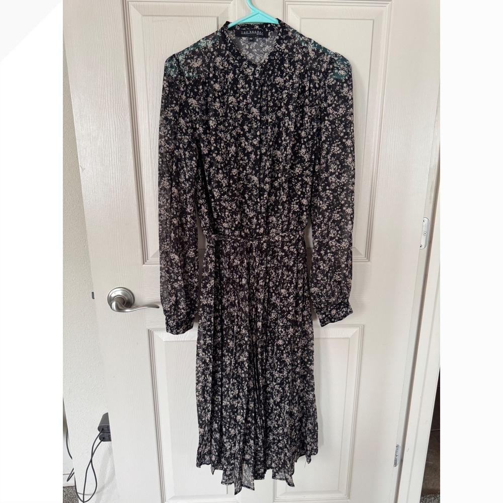 Top Secret Woman Floral Pleated Midi Dress Black Long Sleeve Cottagecore Q2